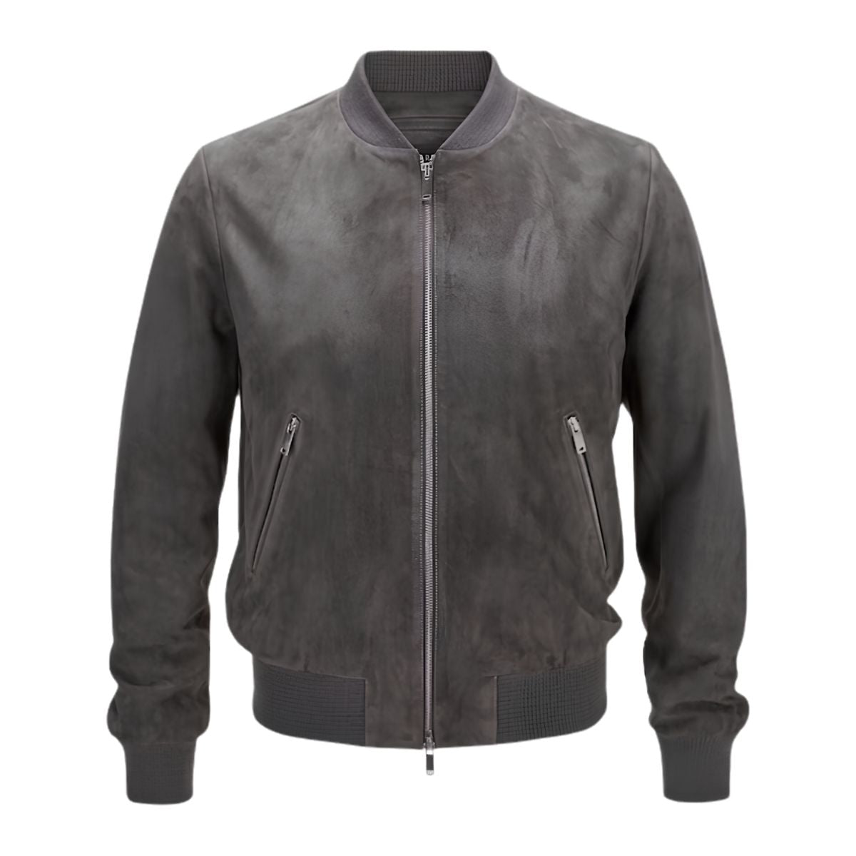 Men's gray suede bomber jacket, front view