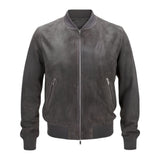 Men's gray suede bomber jacket, front view