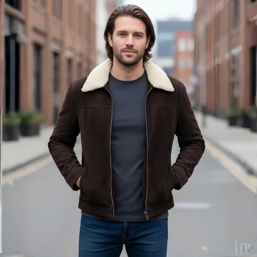Man wearing brown suede sherpa jacket with jeans