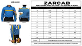 A size guide chart for ZARCAB men's leather jacket sizing, featuring a size chart table on the right and step-by-step body measurement illustrations on the left showing how to measure the body, shoulders, and sleeves.