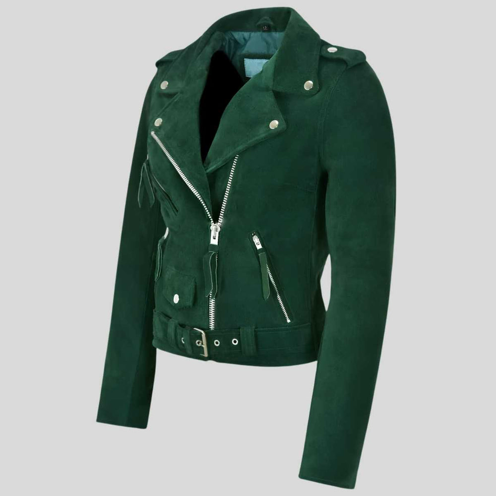 A dark green suede motorcycle jacket with silver-tone hardware, including a front zipper, zippered pockets, and a belted waist, shown on a solid gray background.