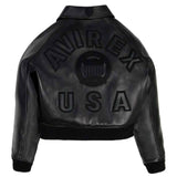 Black leather bomber jacket shown from the back, featuring embossed 'AVIREX' lettering and a central crest emblem, with 'USA' embossed below, on a plain white background.