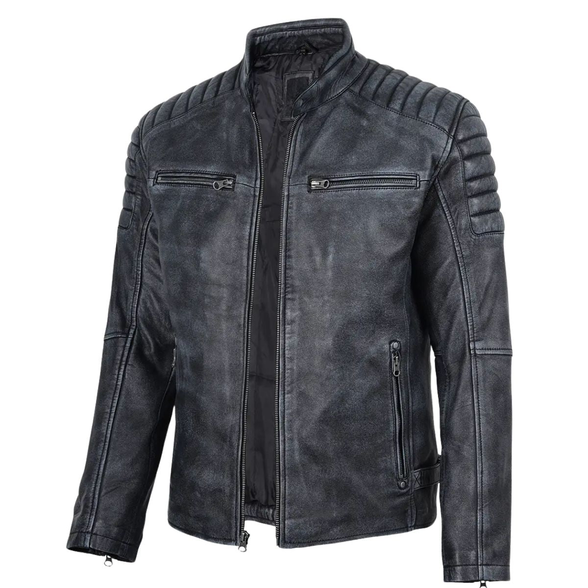 A men's black faux leather biker jacket with a distressed finish, ribbed shoulder details, and a stand collar, shown on a plain white background.