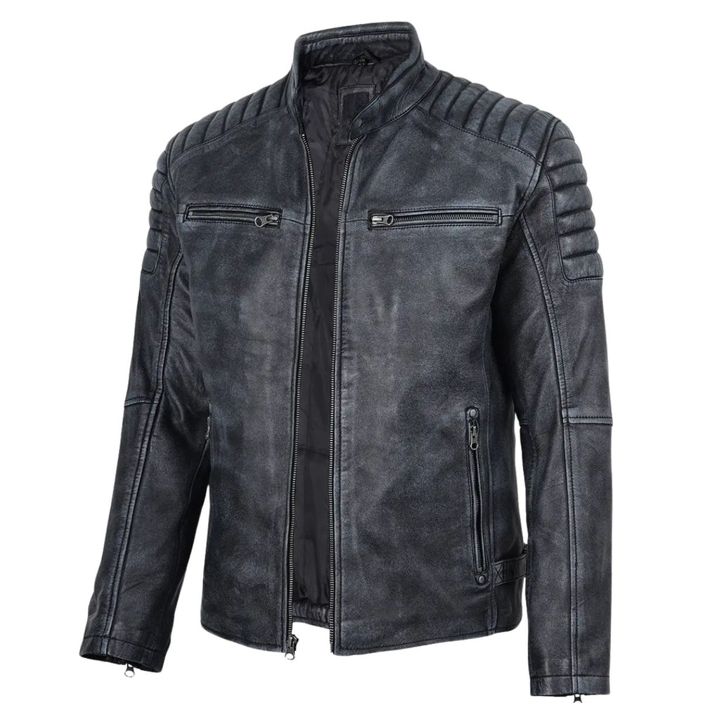 A men's black faux leather biker jacket with a distressed finish, ribbed shoulder details, and a stand collar, shown on a plain white background.