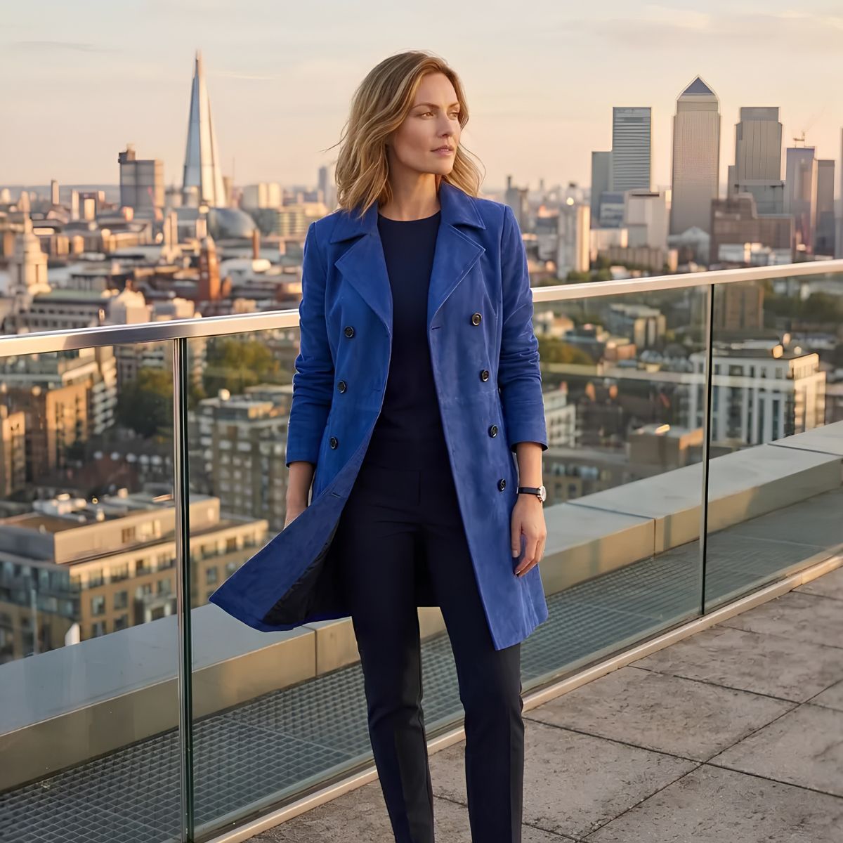 Women's blue suede coat with double-breasted buttons, front view