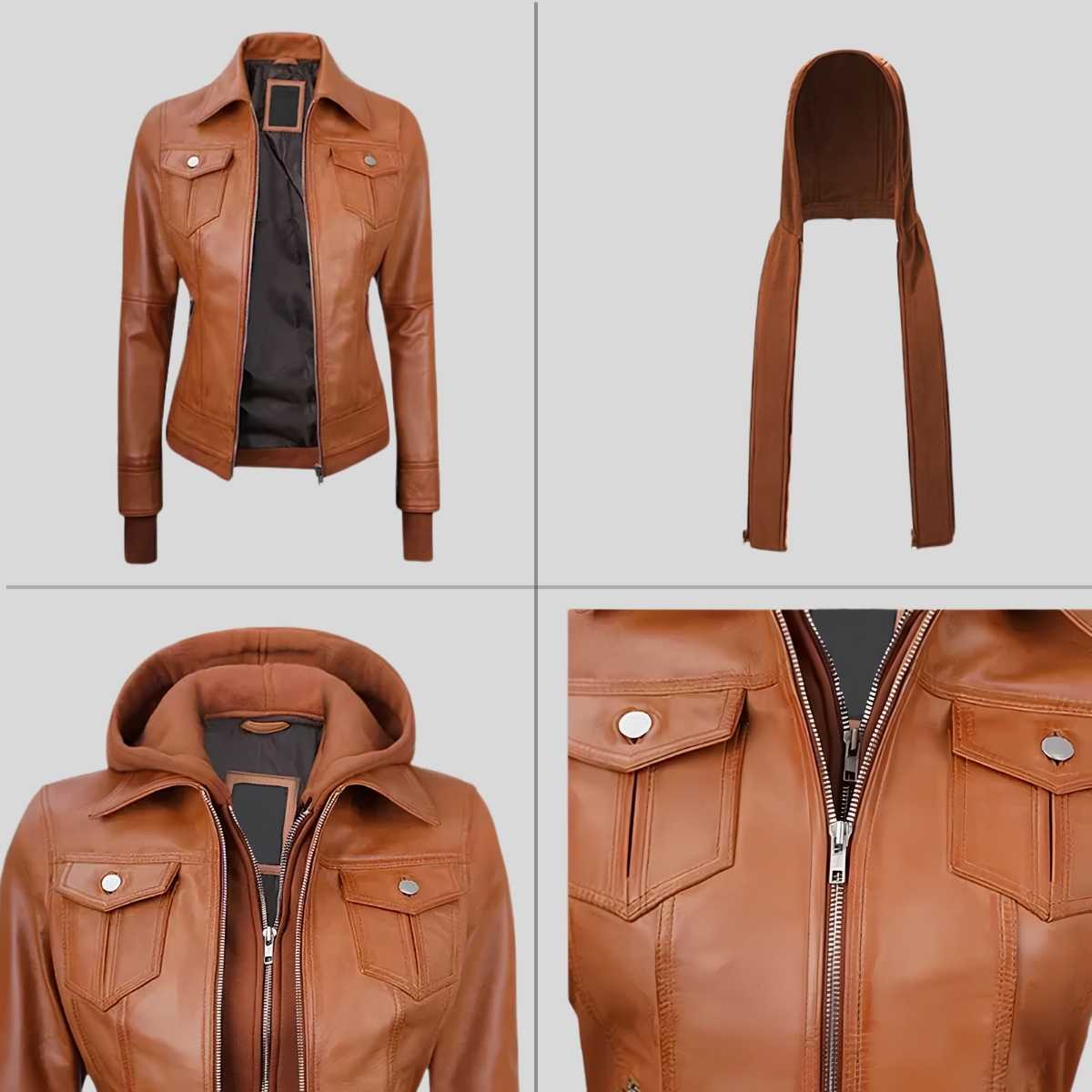 A brown faux leather hooded jacket shown in a four-panel collage: front view, hood alone, hooded torso view, and a close-up of the chest area with flap pockets and zipper.