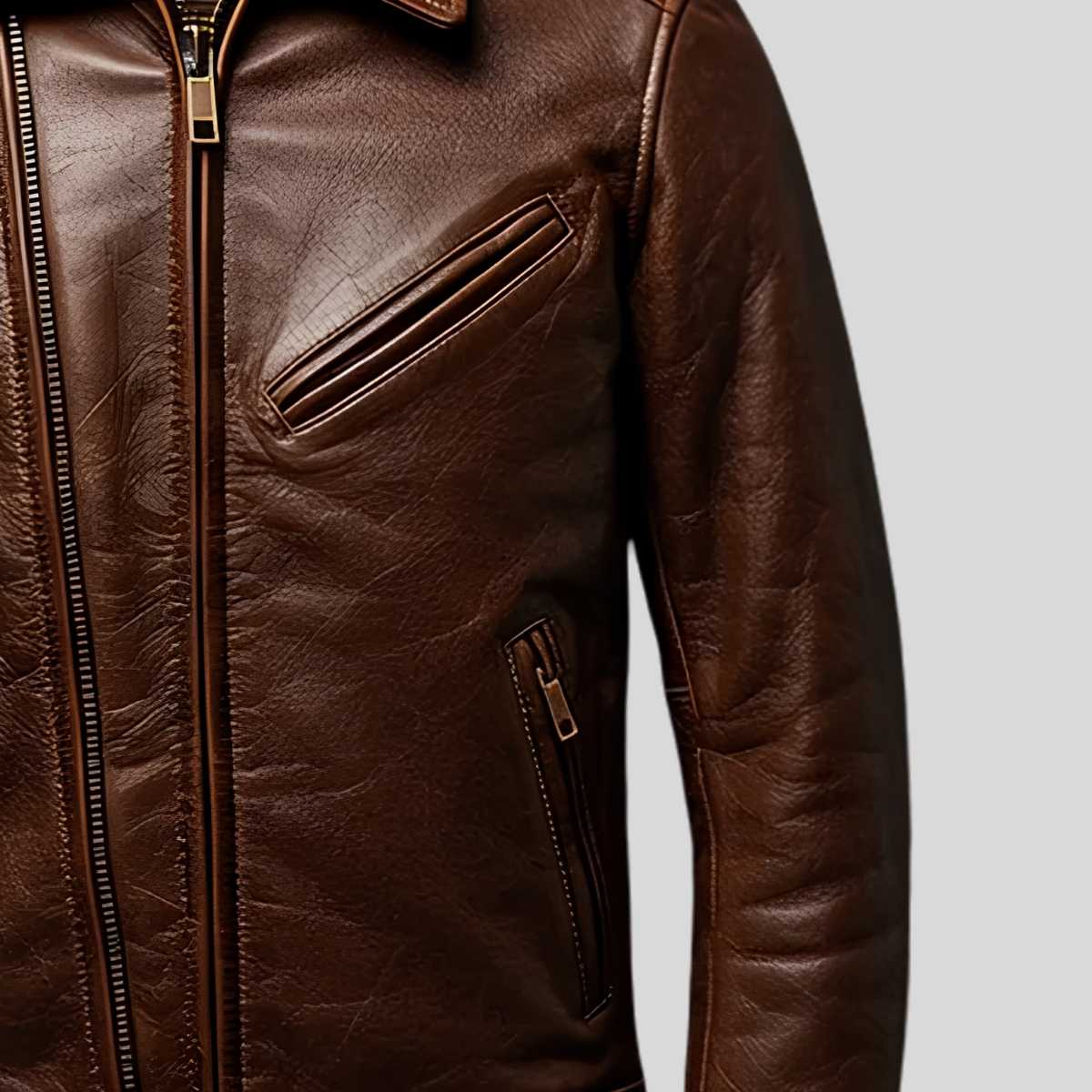 A close-up of a brown leather jacket showing the front zipper, chest zip pocket, and side zip pocket against a light gray background.