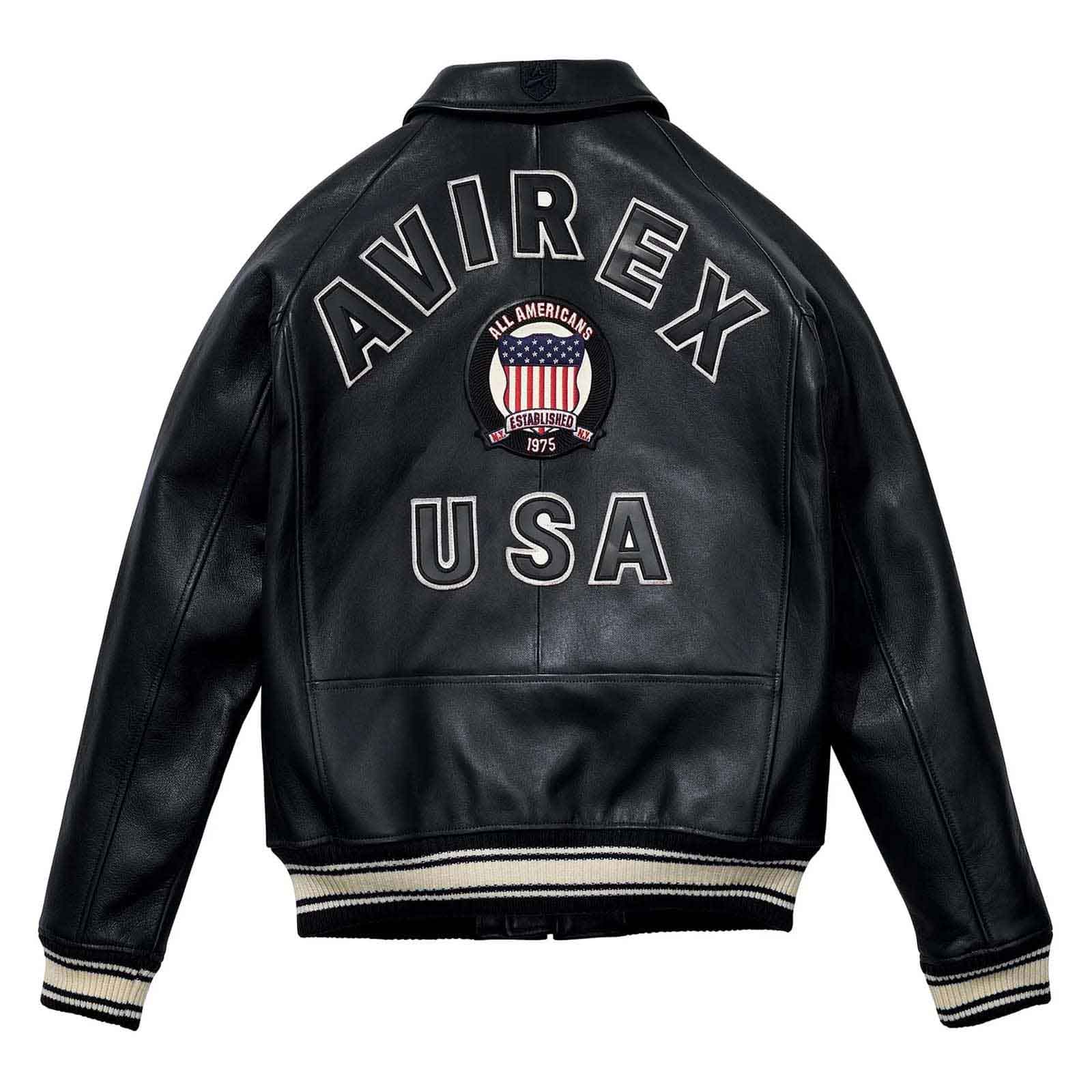 Black leather jacket with 'AVIREX USA' branding on a white background
