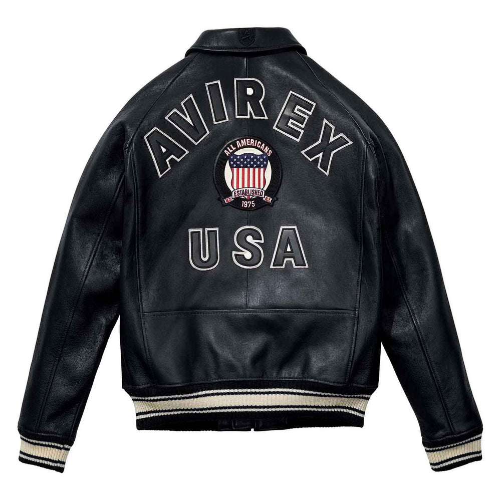Black leather jacket with 'AVIREX USA' branding on a white background