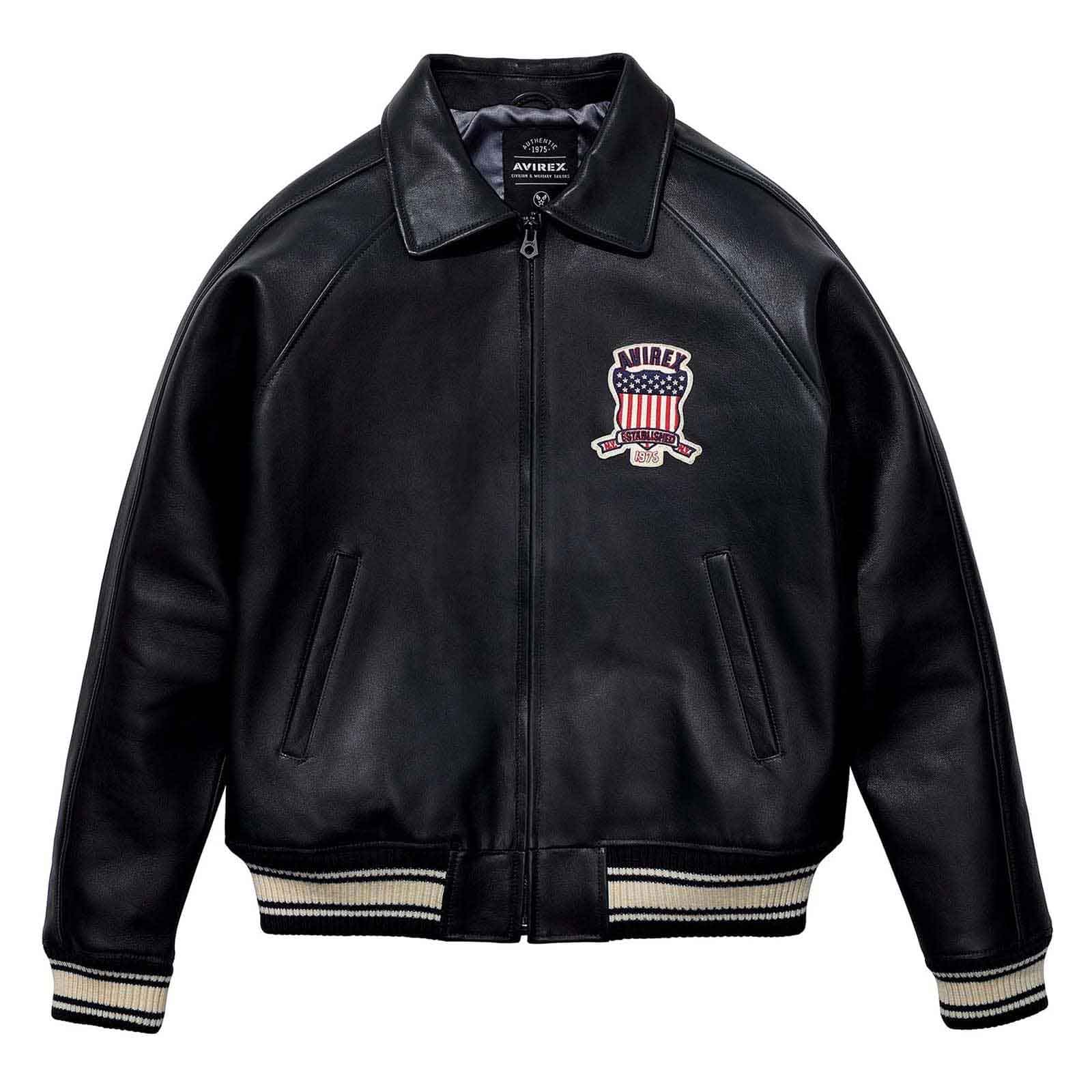 Black leather jacket with Avirex logo on a white background