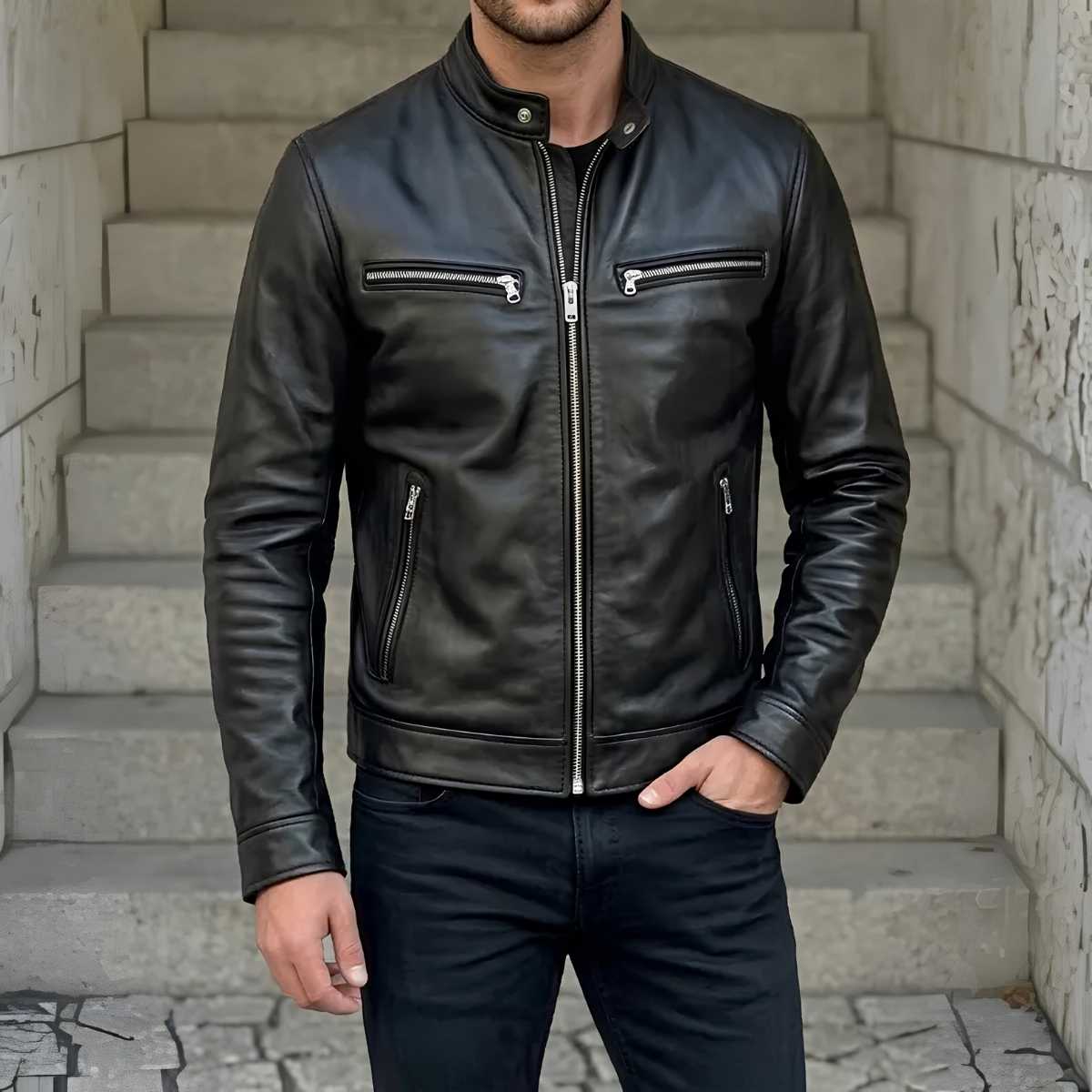 Man wearing black cowhide cafe racer jacket with jeans