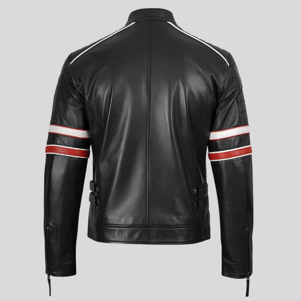 Back view of men's cafe racer leather jacket showing quilted shoulders