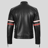 Back view of men's cafe racer leather jacket showing quilted shoulders