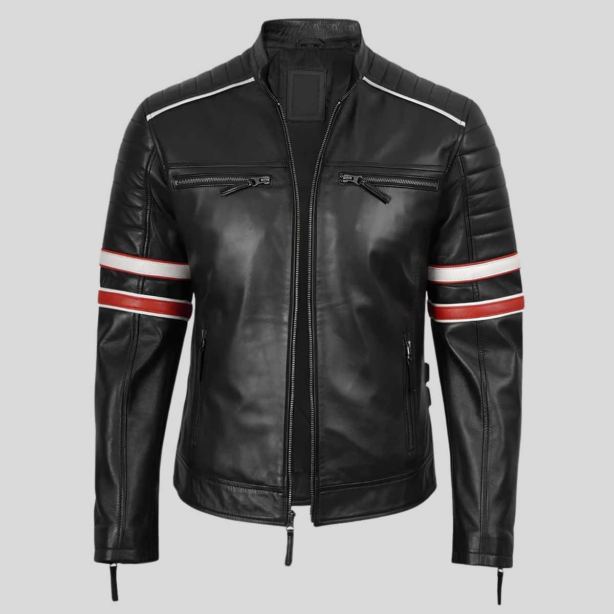 Men's black lambskin cafe racer jacket with racing stripes, front view