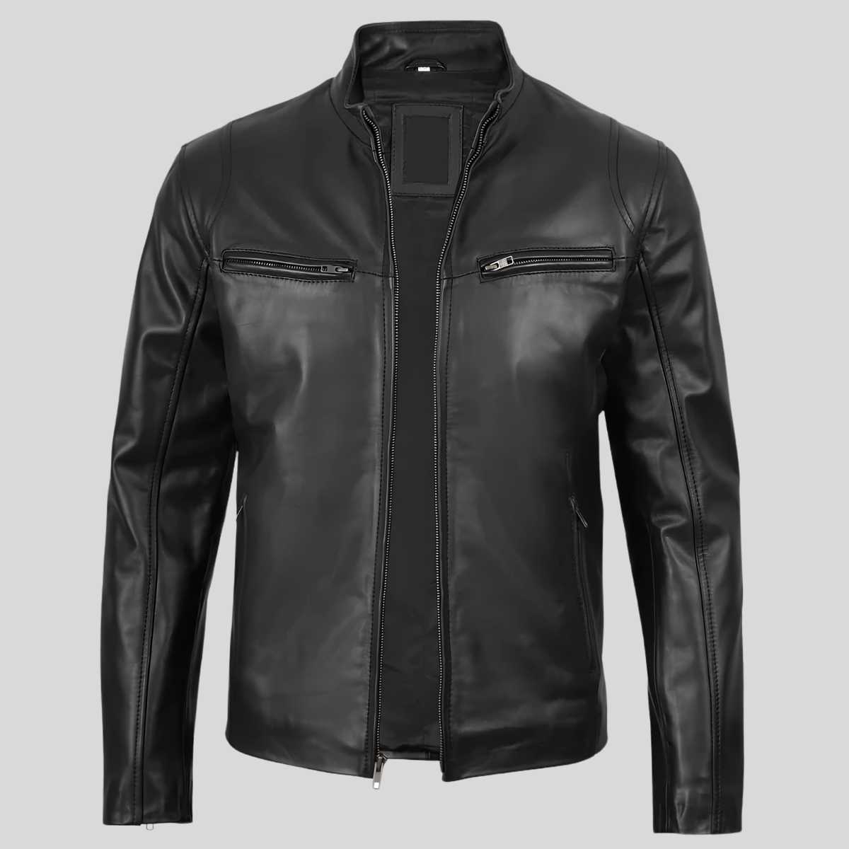 Men's black cafe racer leather jacket, front view