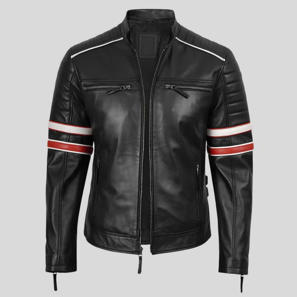 Men's black lambskin cafe racer jacket with racing stripes, front view