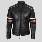 Men's black lambskin cafe racer jacket with racing stripes, front view