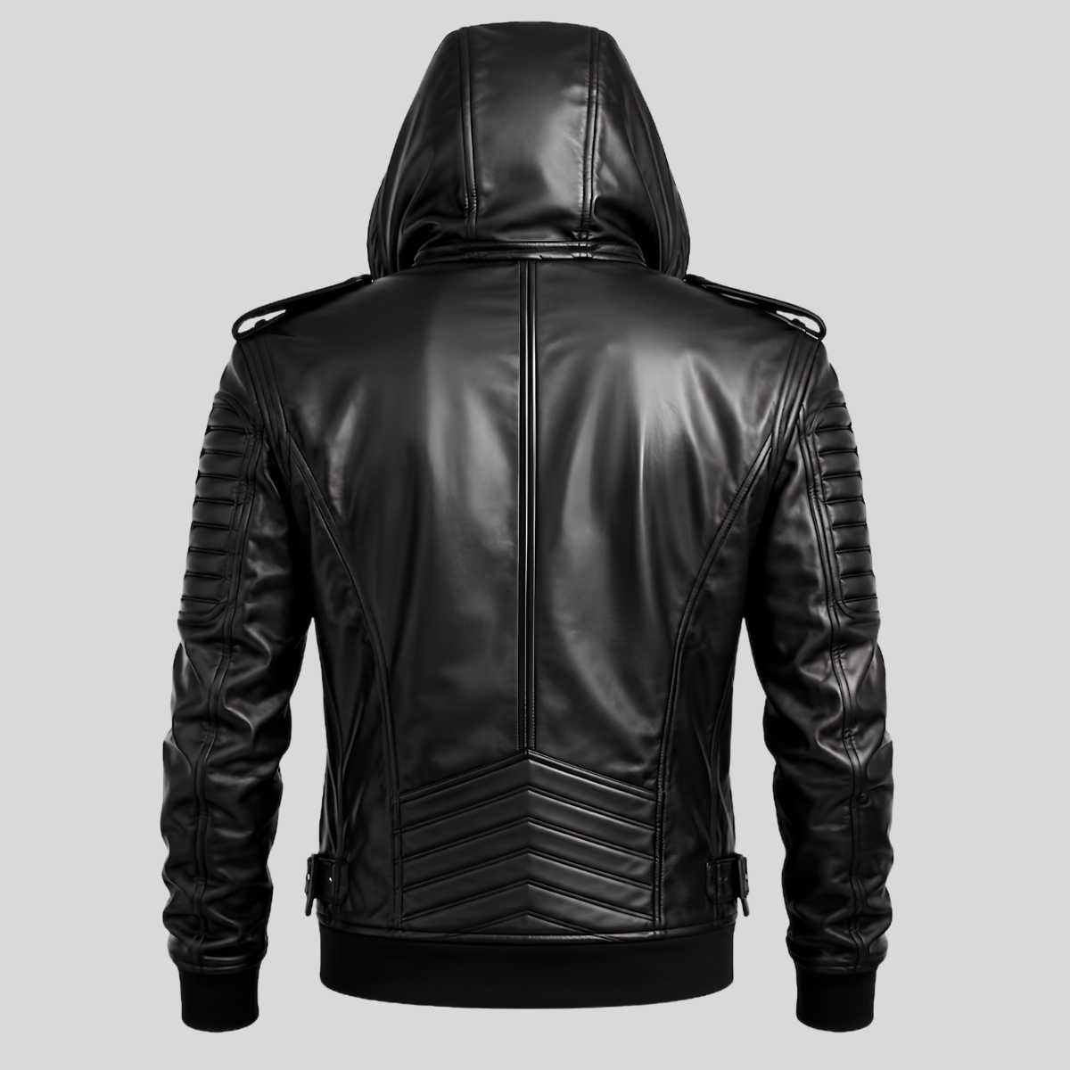Back view of men's slim-fit hooded leather biker jacket