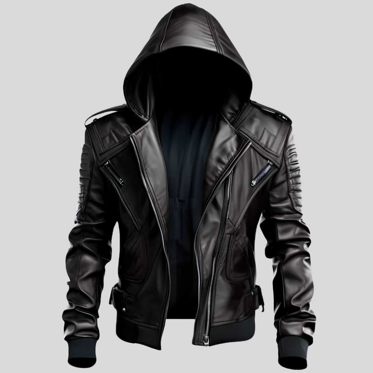 Men's black hooded leather motorcycle jacket, front view