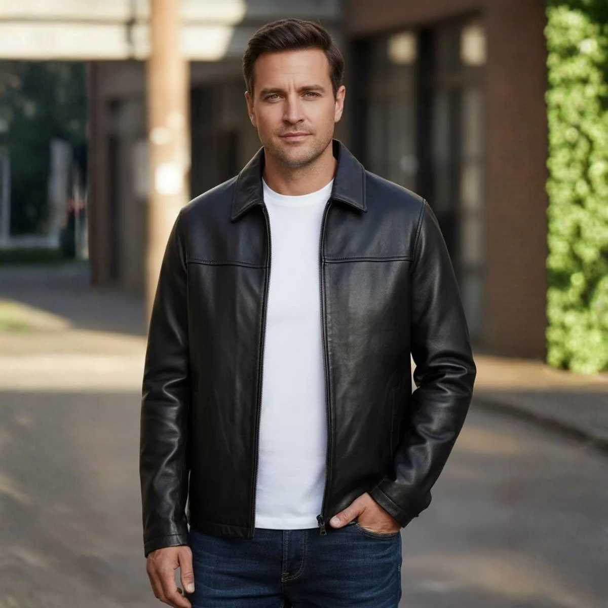 A man wearing a black leather jacket over a white t-shirt and blue jeans, standing outdoors on a paved walkway with a blurred urban background.