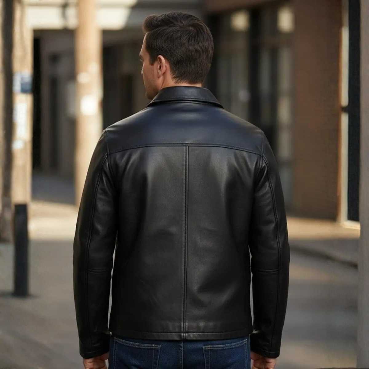 Back view of men's black lambskin leather jacket