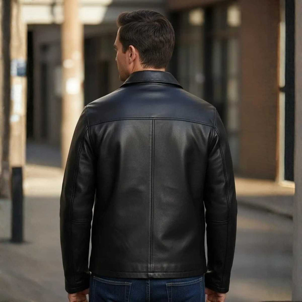 Back view of men's black lambskin leather jacket