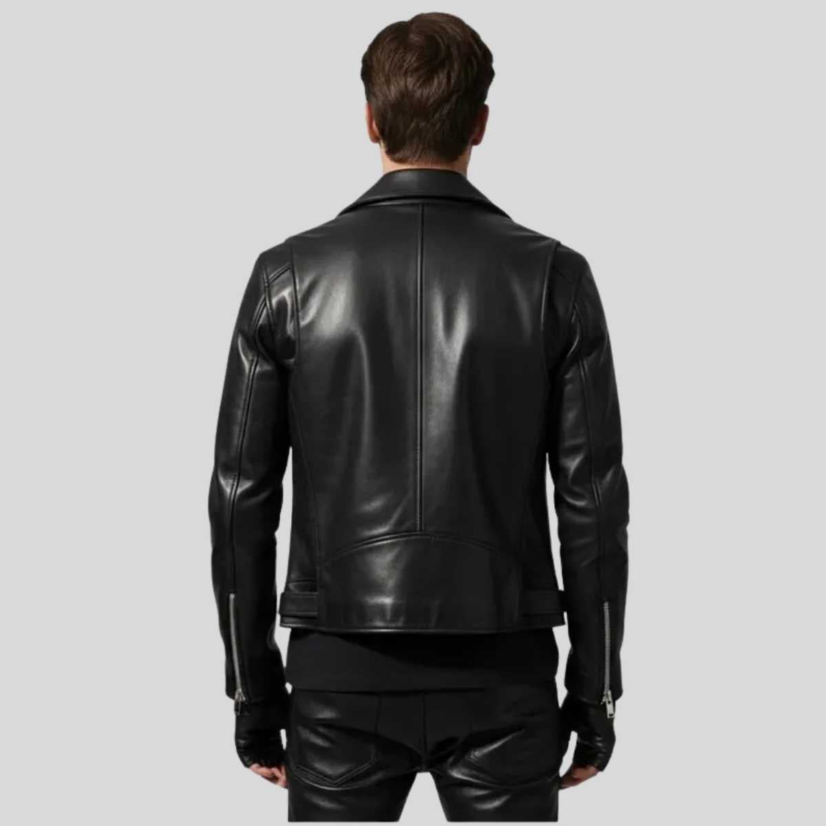 Back view of men's black leather motorcycle jacket