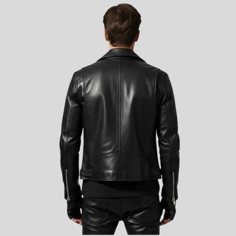 Back view of men's black leather motorcycle jacket