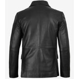 Back view of men's black leather blazer showing tailored cut
