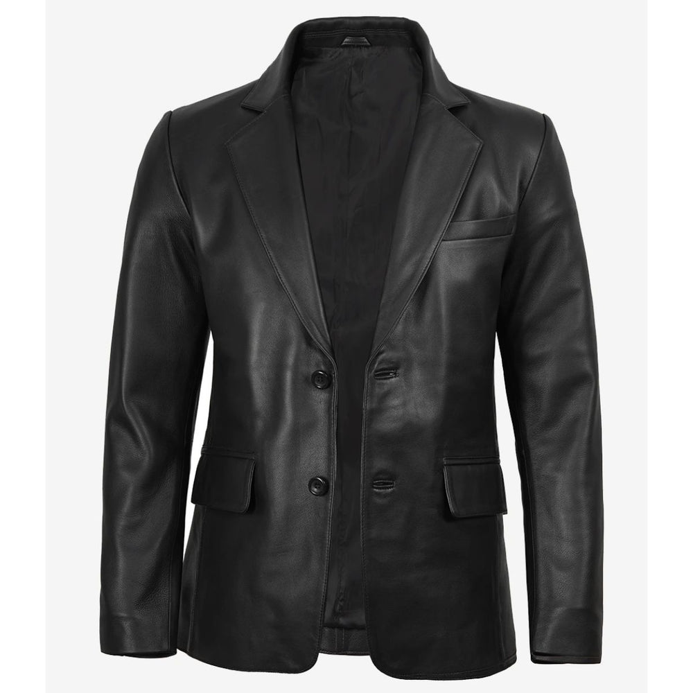 A black faux leather blazer jacket with notch lapels, a two-button front closure, and flap pockets, displayed on a light gray background.