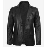 A black faux leather blazer jacket with notch lapels, a two-button front closure, and flap pockets, displayed on a light gray background.