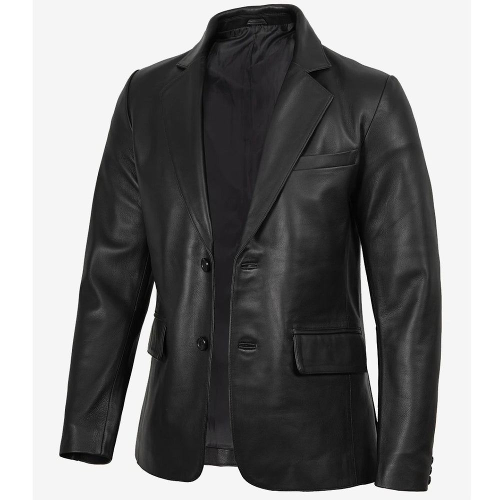 A black leather blazer jacket displayed on a headless mannequin torso, shown against a plain white background.