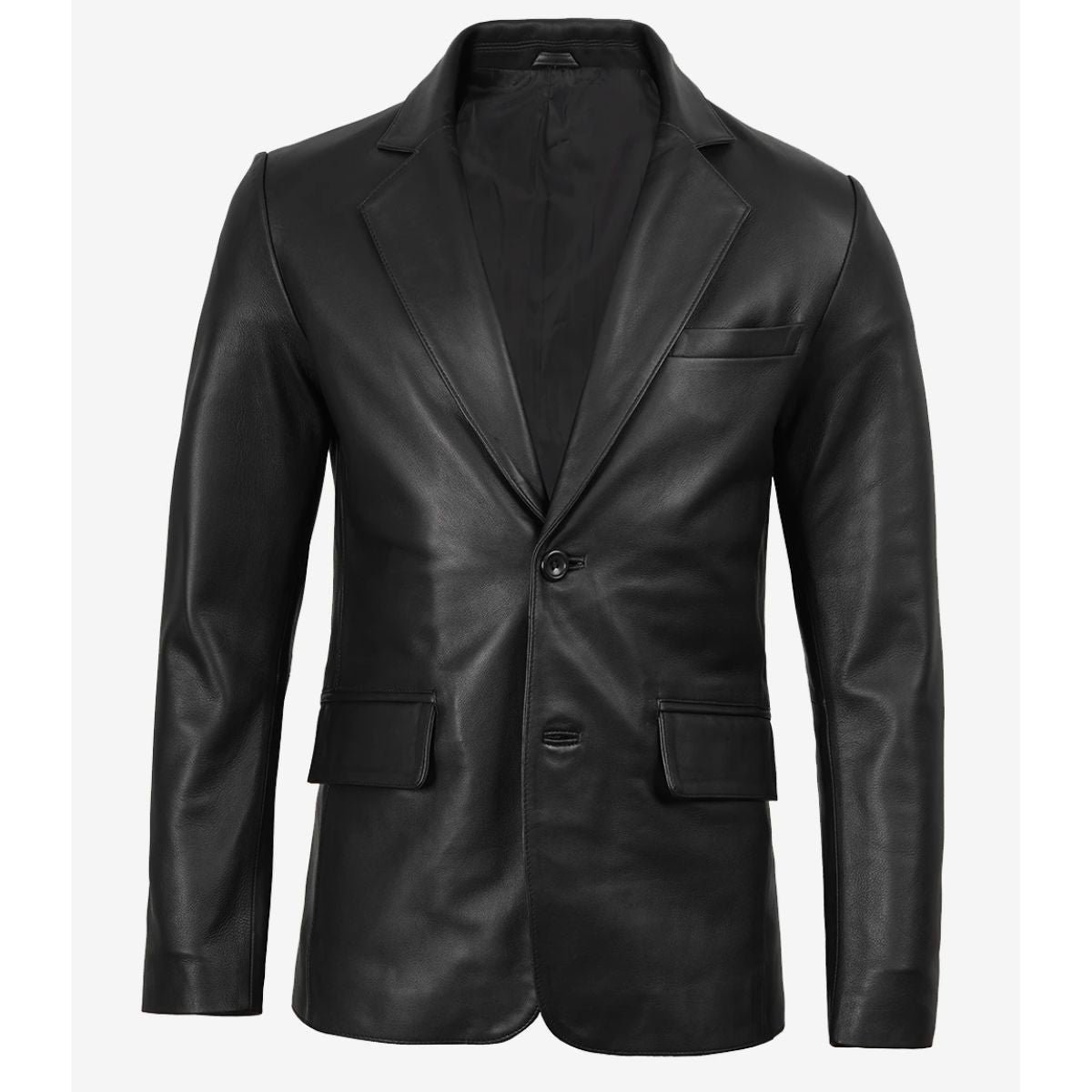 Men's black leather blazer with notch lapel, front view