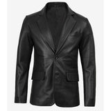 Men's black leather blazer with notch lapel, front view