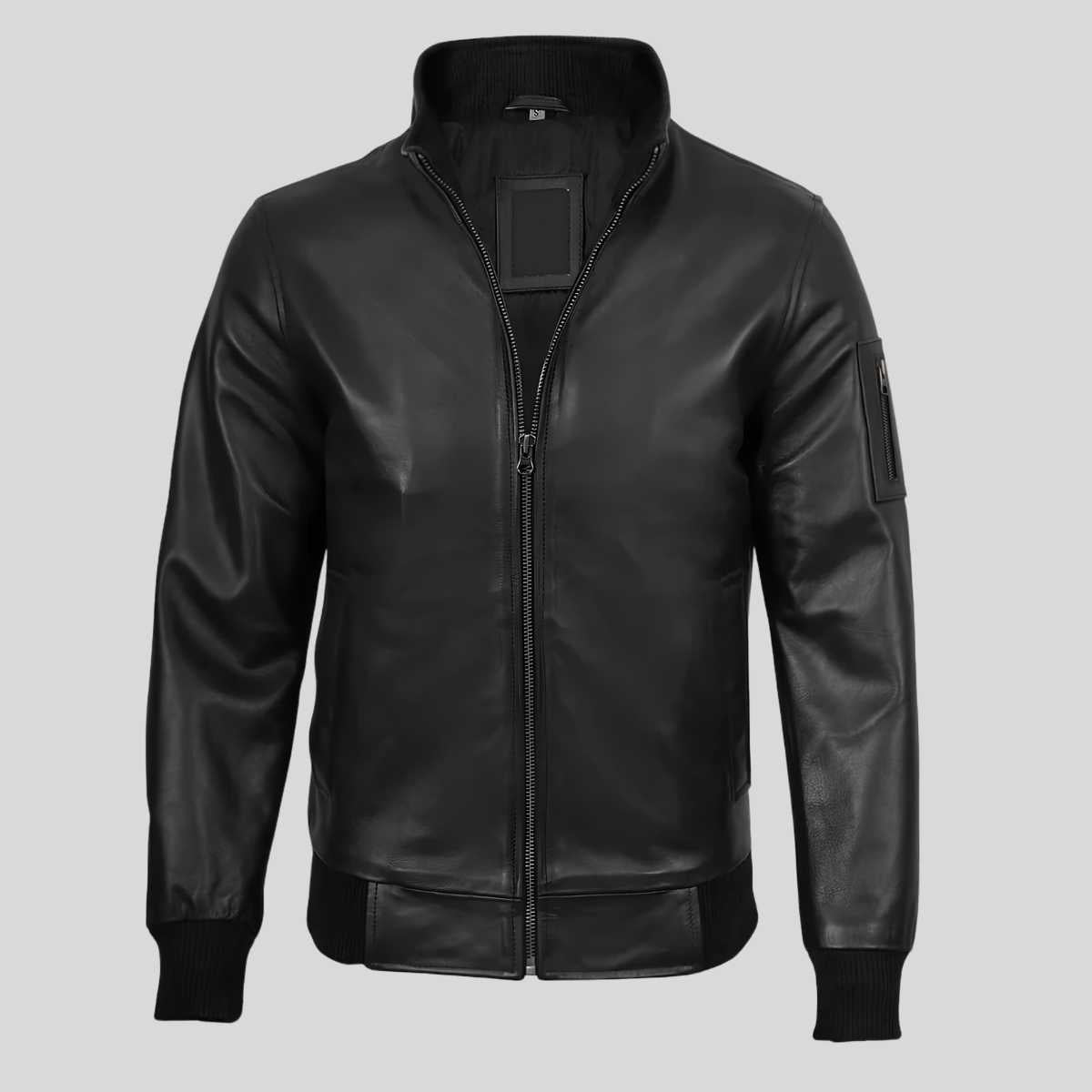 Men's black cowhide leather bomber jacket, front view