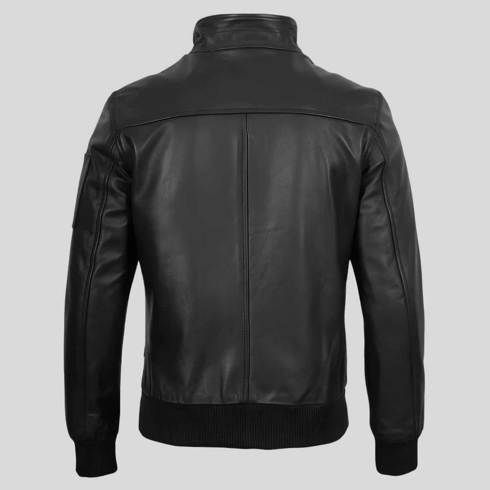 Back view of men's leather bomber jacket with rib-knit hem