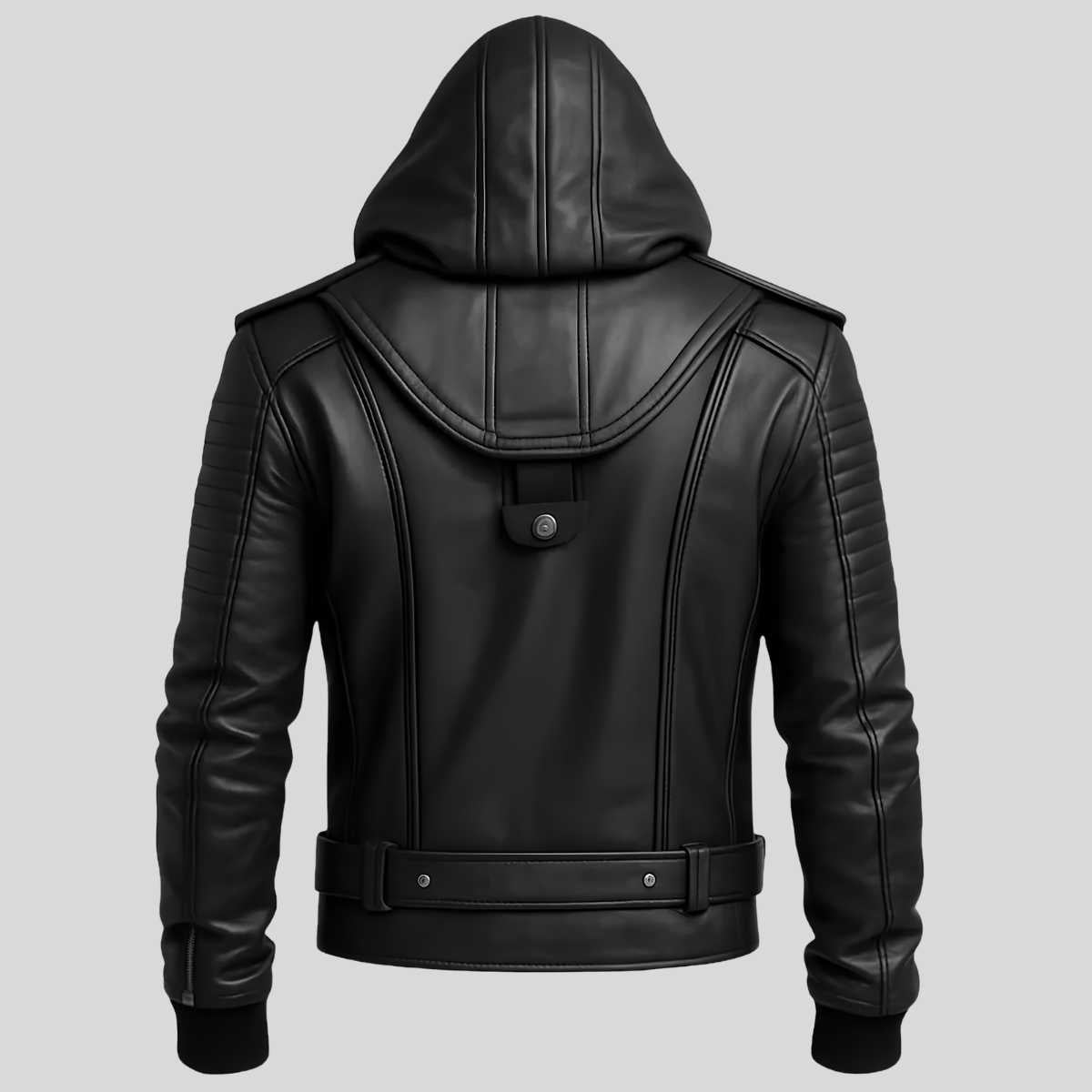 Back view of men's cowhide leather hooded jacket