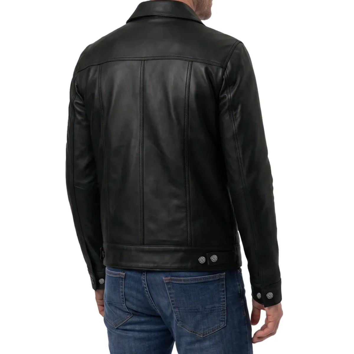 Back view of men's black leather trucker jacket