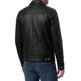 Back view of men's black leather trucker jacket