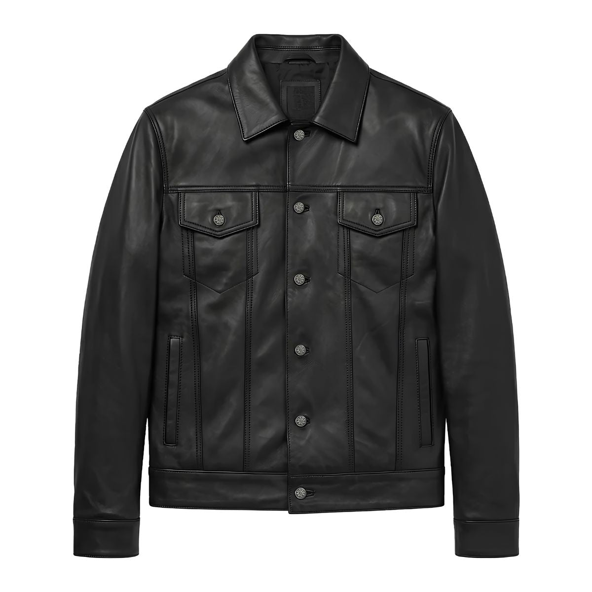 Men's black leather trucker jacket with shirt collar, front view
