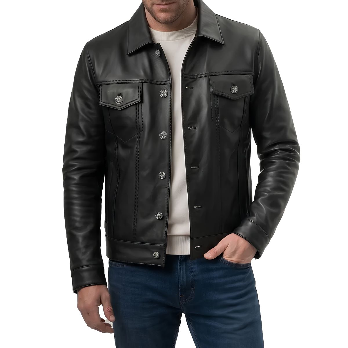 Man wearing black leather trucker jacket with jeans