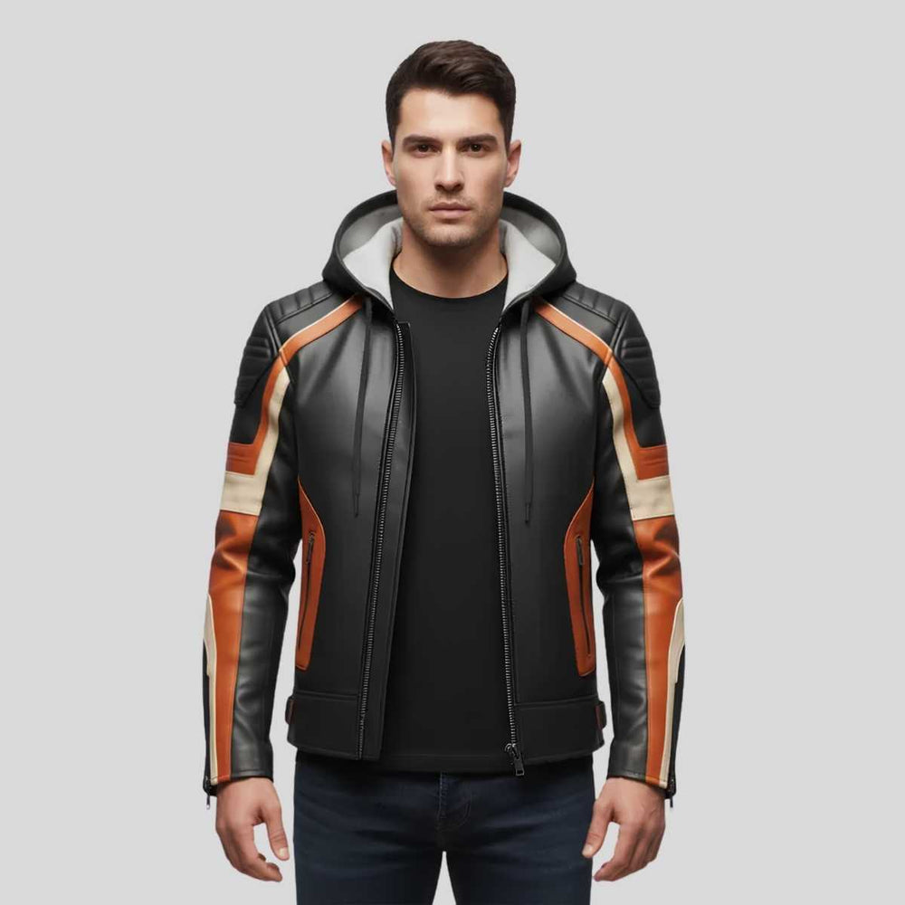 Man wearing black and orange hooded motorcycle jacket with jeans