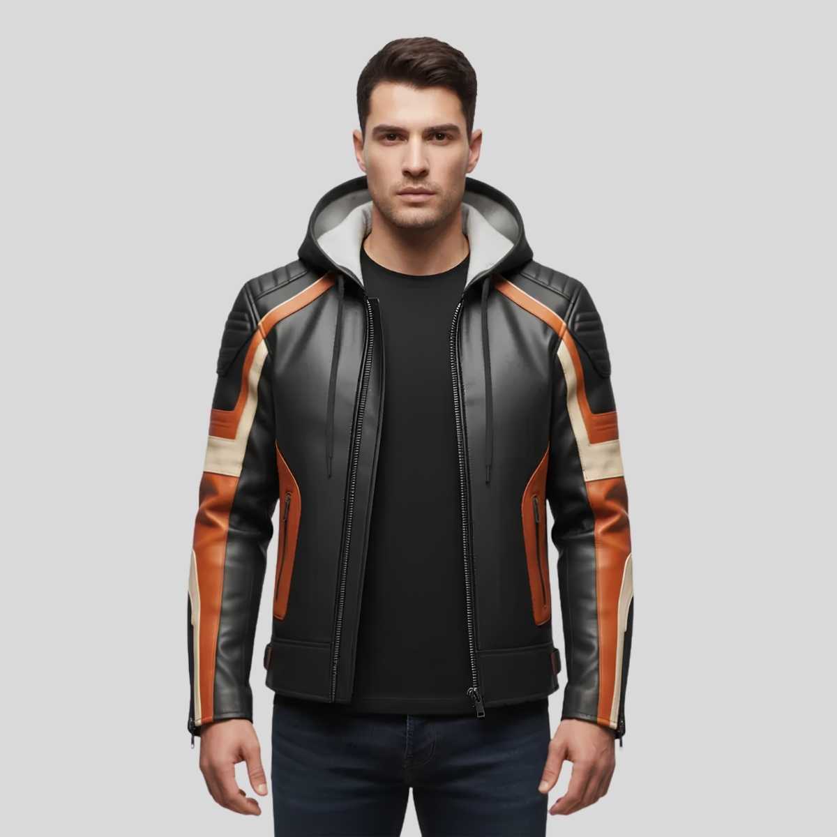 Man wearing black and orange hooded motorcycle jacket with jeans