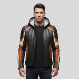 Man wearing black and orange hooded motorcycle jacket with jeans