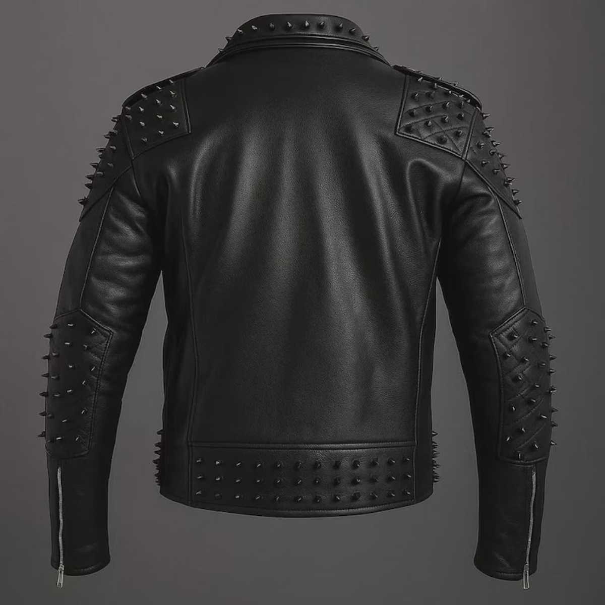 Back view of men's black studded punk leather jacket