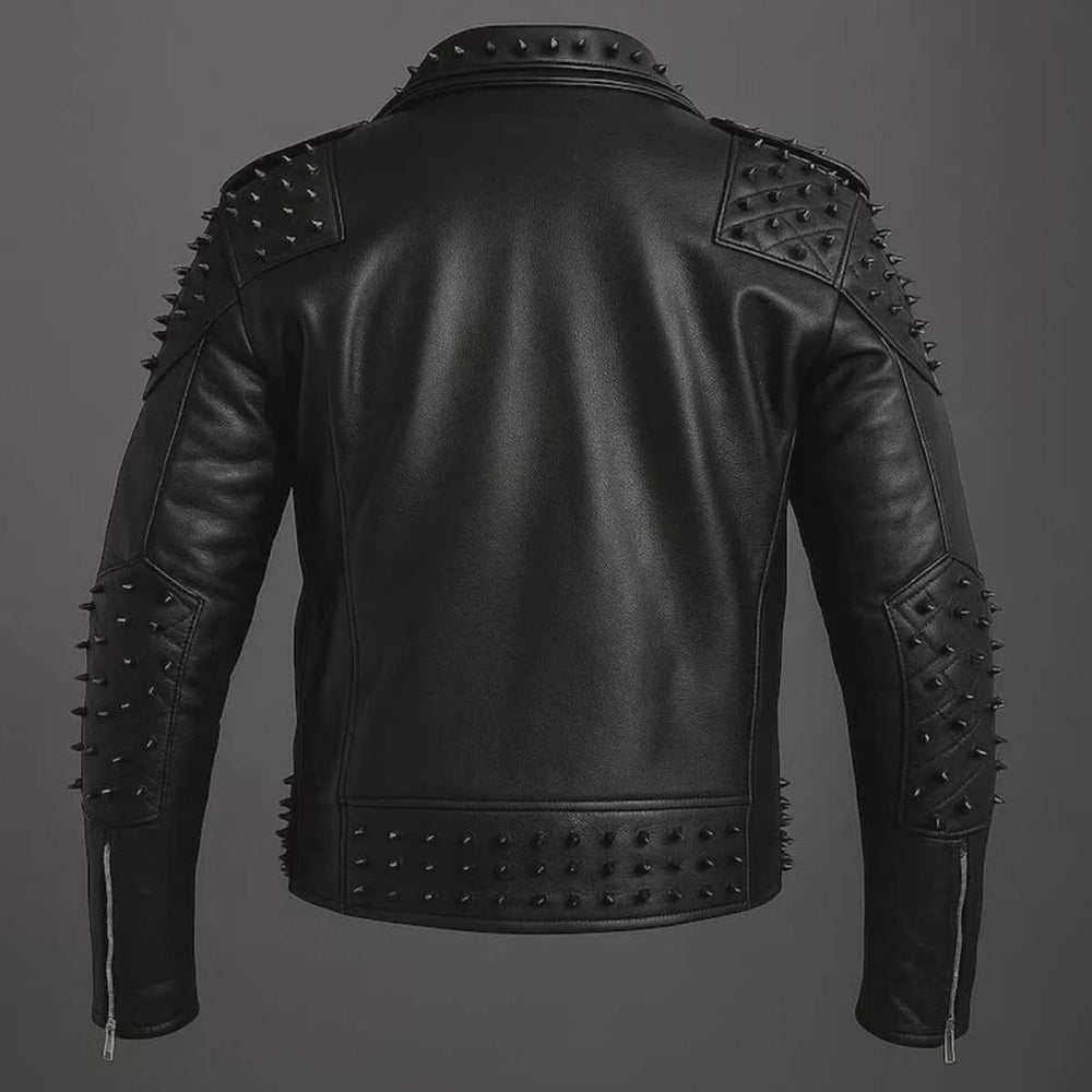 Back view of men's black studded punk leather jacket