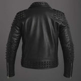 Back view of men's black studded punk leather jacket
