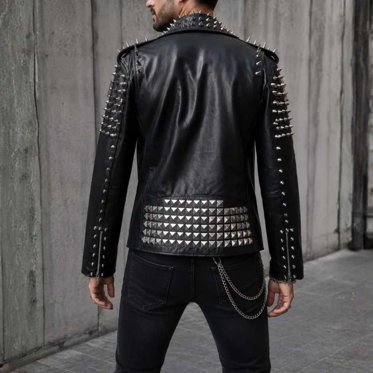 Back view of men's studded leather biker jacket with notch collar