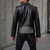 Back view of men's studded leather biker jacket with notch collar