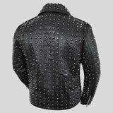Back view of men's heavy duty studded leather biker jacket